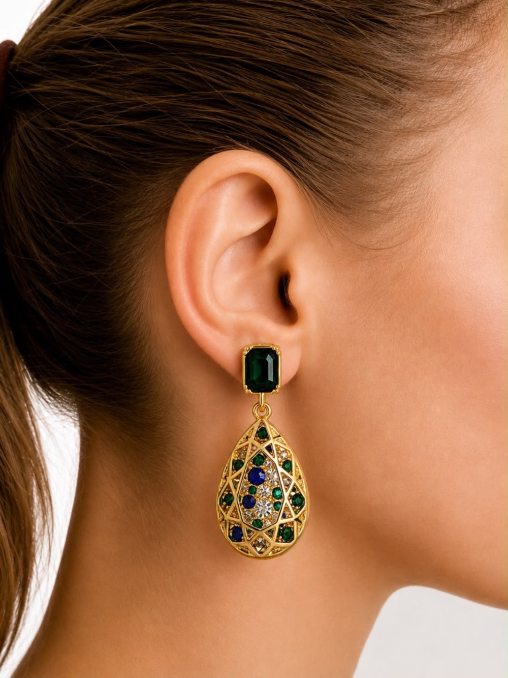 Emerald Green & Blue Crystal Drop Earrings Gold Tone Elegant Teardrop Dangle
